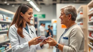 Professional woman in pharmacy consulting with patient about medications, warm lighting, modern healthcare setting, friendly interaction, retail pharmacy environment