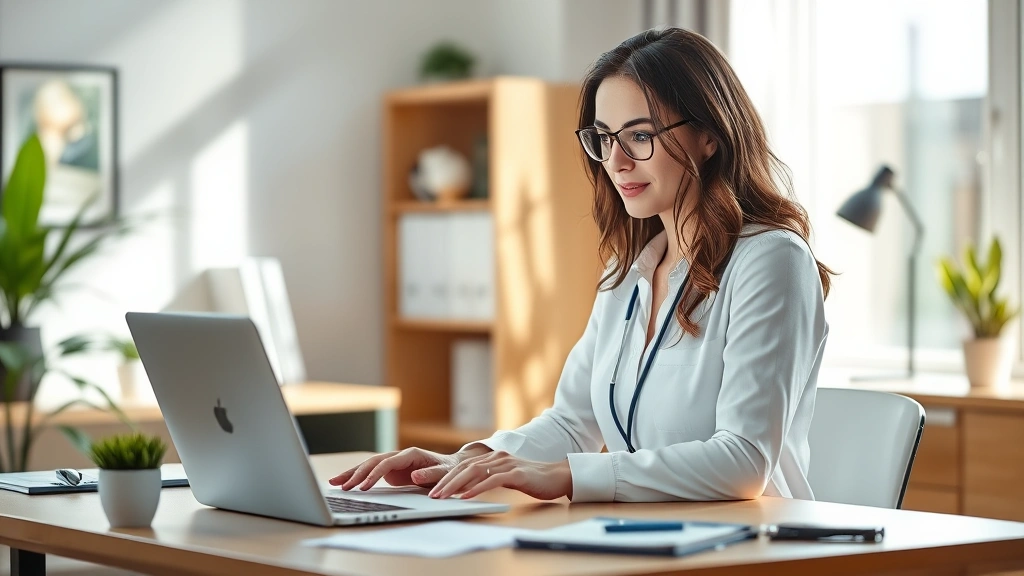 Professional woman at home office desk with laptop, natural lighting, modern workspace setup, focused expression, healthcare setting atmosphere