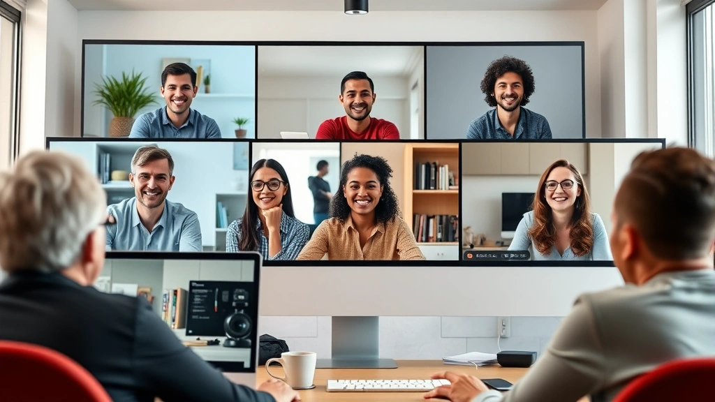 Diverse team in virtual meeting via video conference on computer screens, modern home offices visible, collaborative remote work environment, engaged expressions