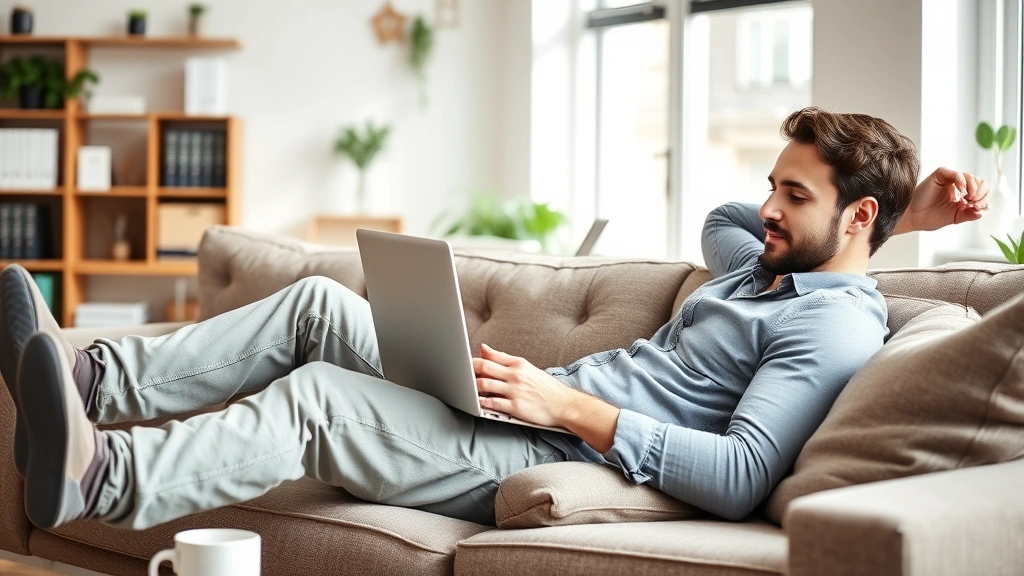 Remote employee relaxing on comfortable couch with laptop, coffee cup nearby, bright home office background, work-life balance lifestyle photography