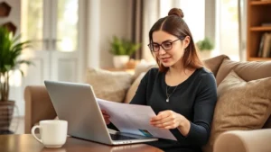 Young professional woman sitting at home reviewing health insurance documents on laptop with coffee cup nearby, warm natural lighting, comfortable living room setting, calm and focused expression
