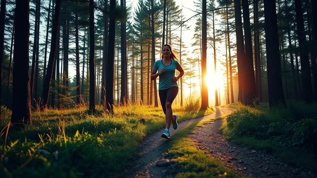 Athletic woman jogging on scenic forest trail at sunrise, morning light filtering through trees, lush green vegetation, peaceful natural environment, photorealistic lifestyle photography