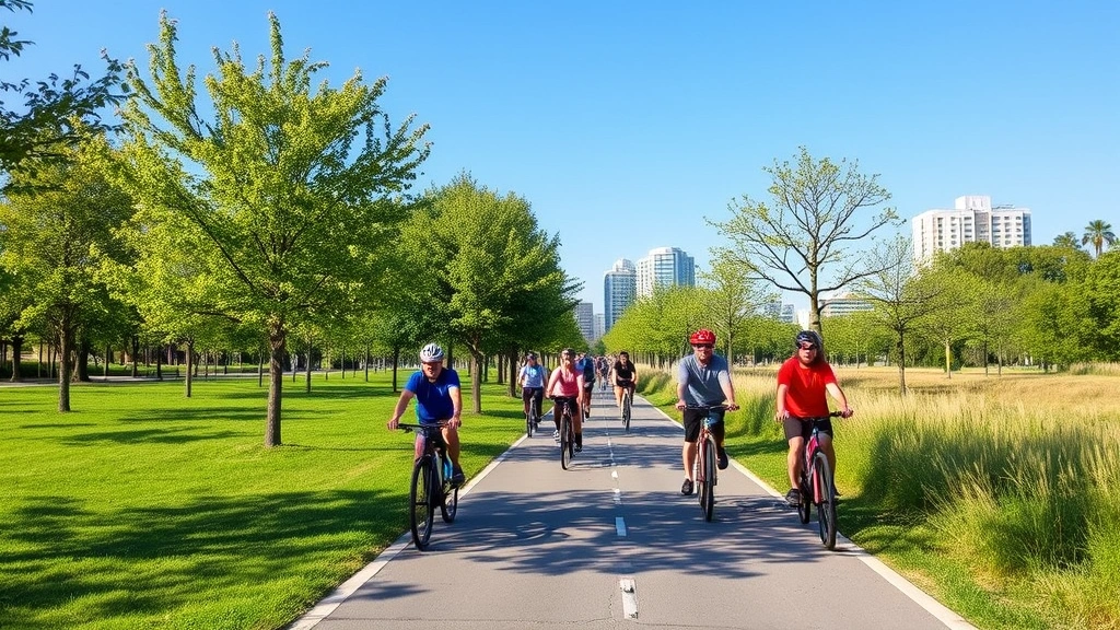Diverse group of cyclists riding on dedicated greenway path through urban park, blue sky, trees lining route, community outdoor fitness activity, vibrant natural setting