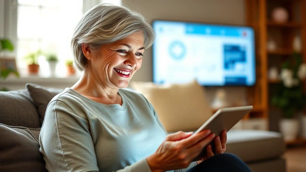 Mature adult woman smiling while using tablet at home, viewing medical records on bright screen, warm natural lighting, cozy living room setting, professional healthcare technology interface visible