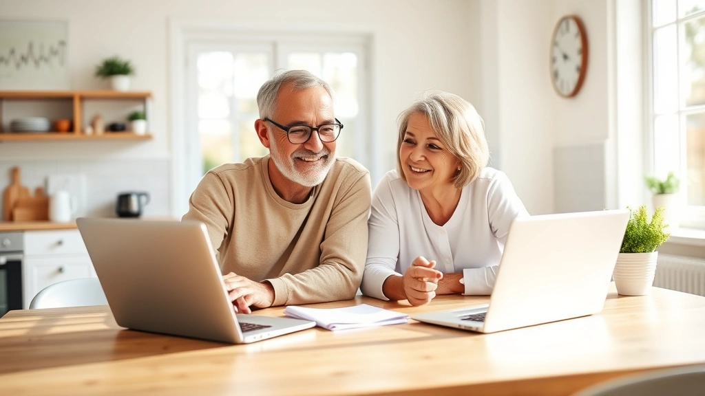 Senior couple reviewing health information together on laptop at kitchen table, cheerful expressions, sunny window background, modern home office space, healthcare portal dashboard on screen
