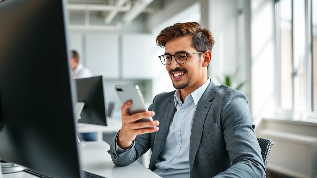 Young professional man scheduling appointment on smartphone while sitting in modern office, focused expression, clean desk environment, mobile health app interface, natural daylight