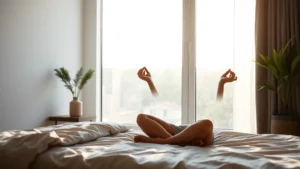 Woman in modern minimalist bedroom meditating peacefully by window with natural sunlight, serene expression, wellness-focused, contemporary lifestyle aesthetic