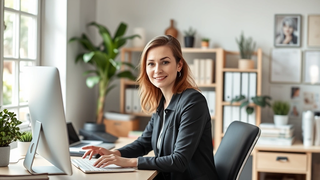 Professional woman in bright home office appearing focused and calm while working at desk, organized workspace, natural light, confident demeanor