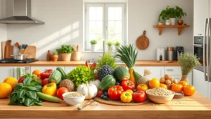 Bright, modern kitchen with colorful fresh vegetables, fruits, and whole grains arranged on wooden countertop, natural sunlight streaming through window, healthy lifestyle aesthetic, no people visible