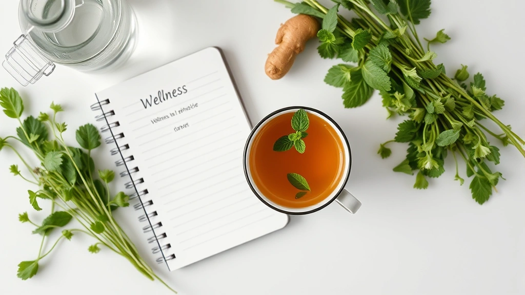 Overhead view of herbal tea cup with ginger and mint, notebook with wellness notes, water bottle, fresh herbs on white table, calming spa-like setting, holistic health concept