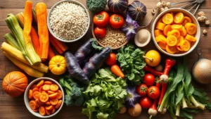 Vibrant overhead shot of colorful fresh vegetables, whole grains, and fermented foods arranged beautifully on a wooden table in natural morning light, lifestyle photography