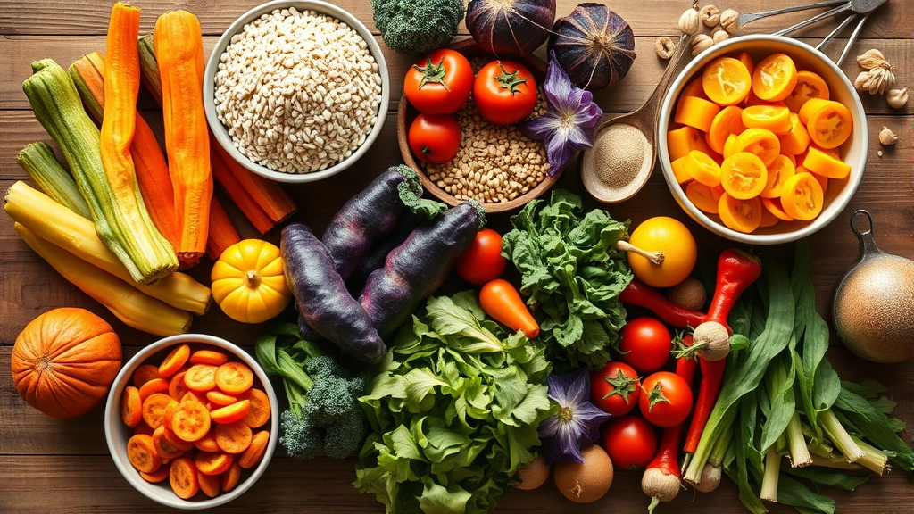 Vibrant overhead shot of colorful fresh vegetables, whole grains, and fermented foods arranged beautifully on a wooden table in natural morning light, lifestyle photography