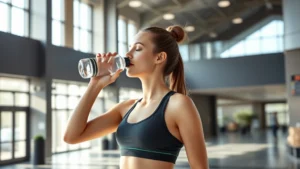 Woman in athletic wear hydrating with water bottle in modern arena lobby, natural light streaming through windows, healthy snacks visible nearby, peaceful expression