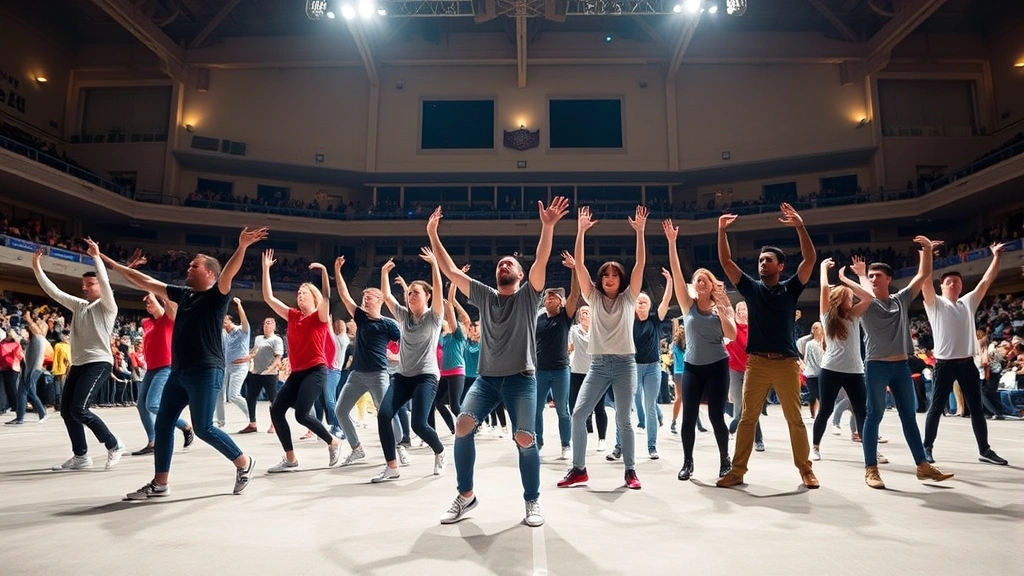 Diverse group stretching and moving during arena intermission, bright arena lighting, comfortable casual clothing, energized but relaxed body language, architectural details visible