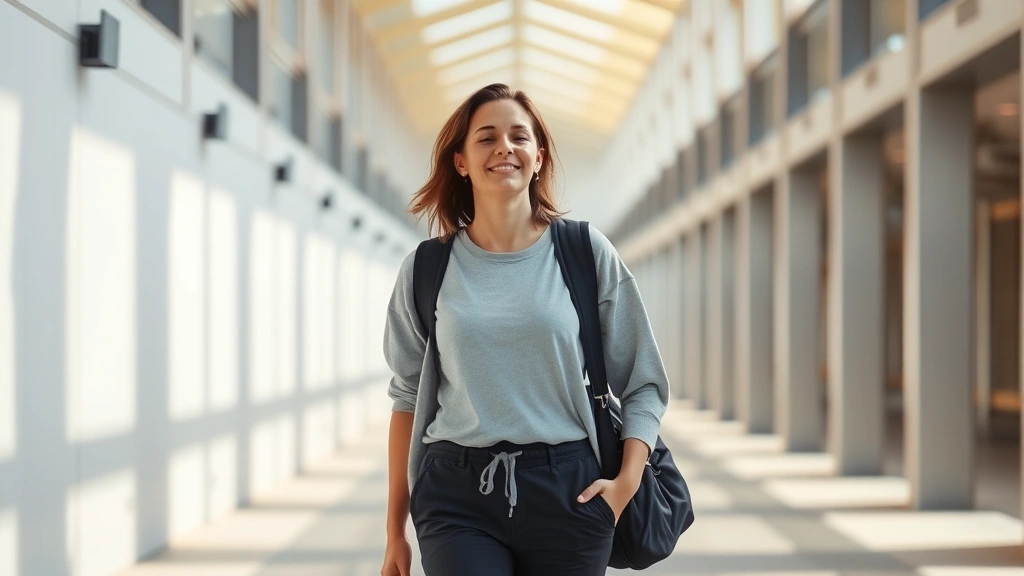 Person in comfortable outfit walking through arena corridors post-event, natural lighting, peaceful expression, recovery mindset, modern wellness aesthetic