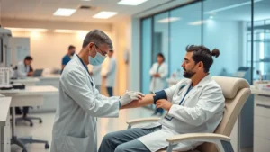 Modern medical laboratory with professional phlebotomist drawing blood from calm patient in comfortable chair, bright clinical environment, warm lighting, diverse healthcare team visible