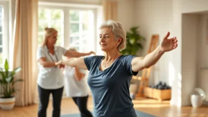 Mature woman in bright home gym performing guided physical therapy exercises with professional therapist demonstrating proper form, natural lighting, warm and encouraging atmosphere