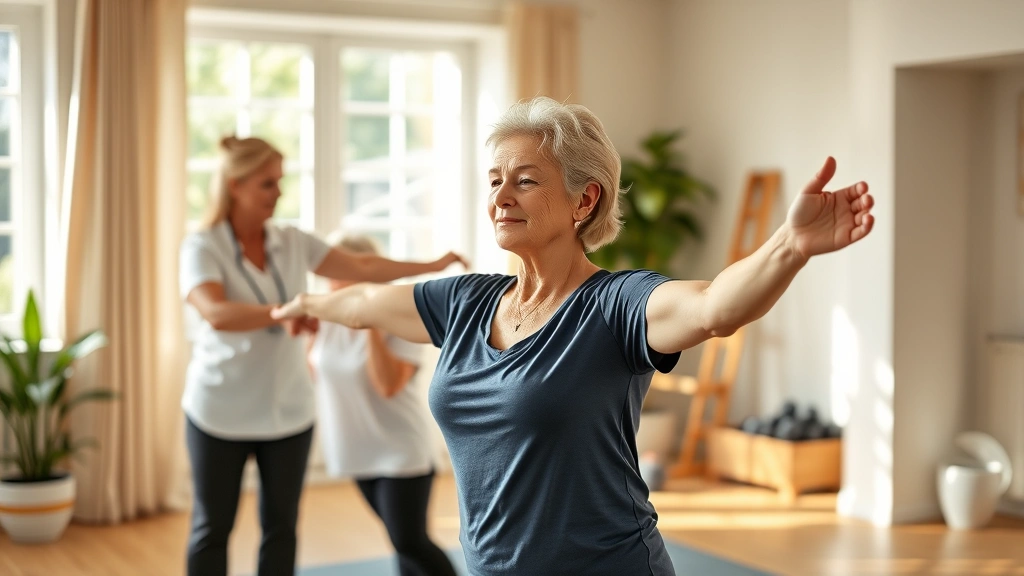 Mature woman in bright home gym performing guided physical therapy exercises with professional therapist demonstrating proper form, natural lighting, warm and encouraging atmosphere