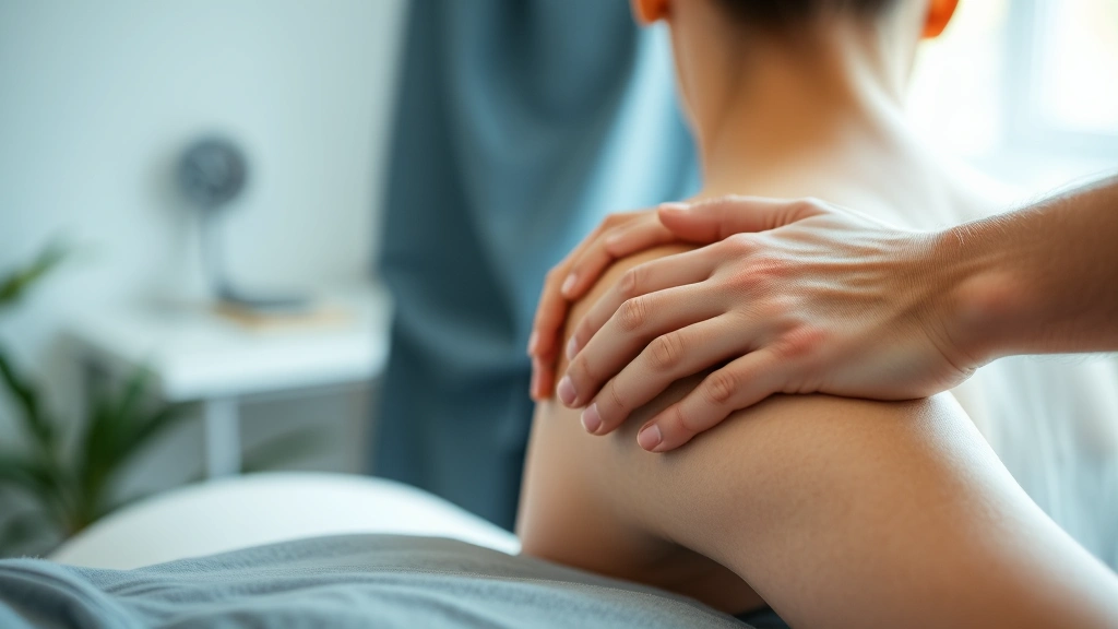 Close-up of physical therapist's hands performing manual therapy technique on patient's shoulder, professional clinical setting, focused care and expertise visible