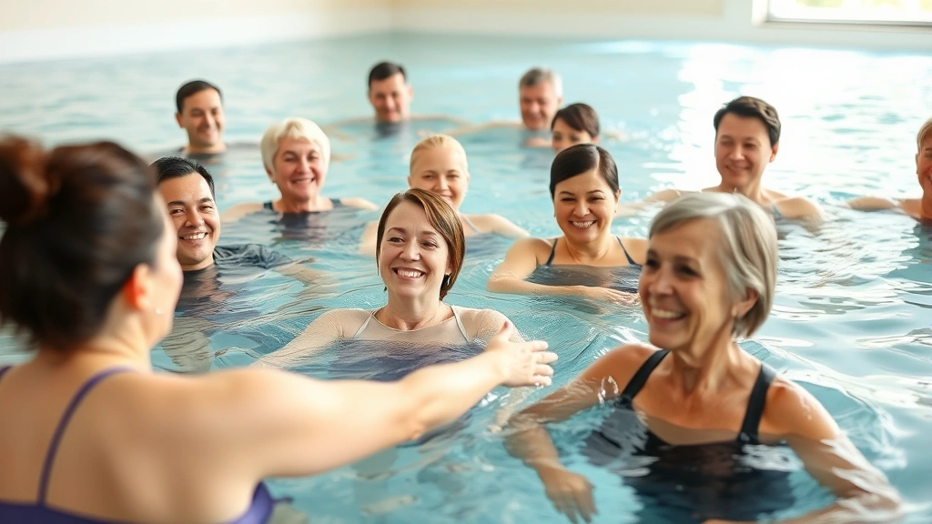 Diverse group of people in aquatic therapy pool performing water-based exercises with therapist supervision, joyful expressions, therapeutic water environment with natural light