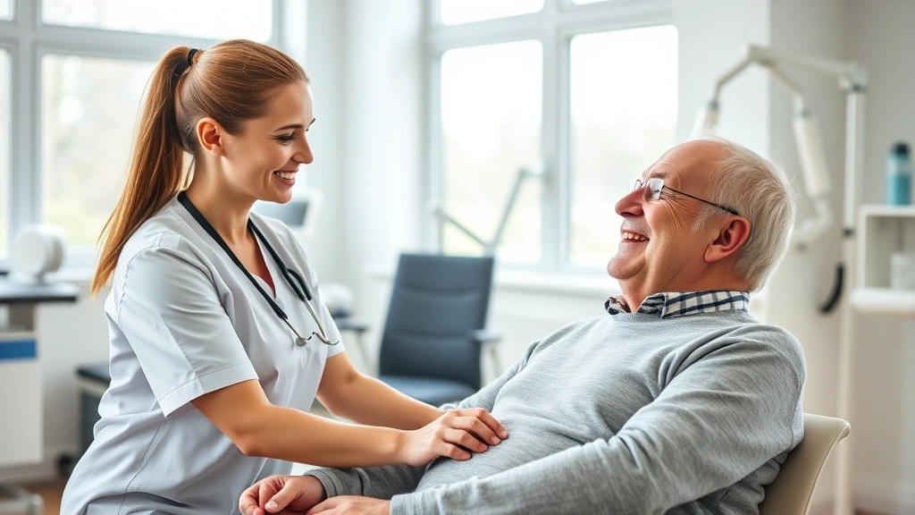 Professional female physical therapist working with elderly male patient in bright clinical rehabilitation center, both smiling during therapy session, natural daylight from windows, modern equipment visible