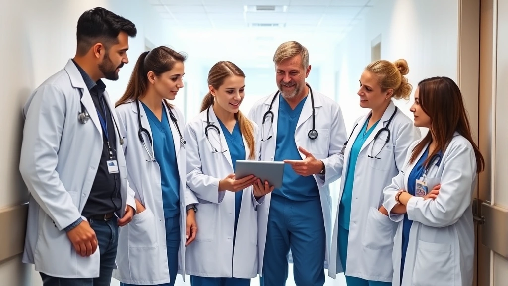 Diverse team of healthcare professionals in white coats and scrubs collaborating around digital tablet in contemporary hospital corridor, collaborative discussion, natural lighting, modern medical setting