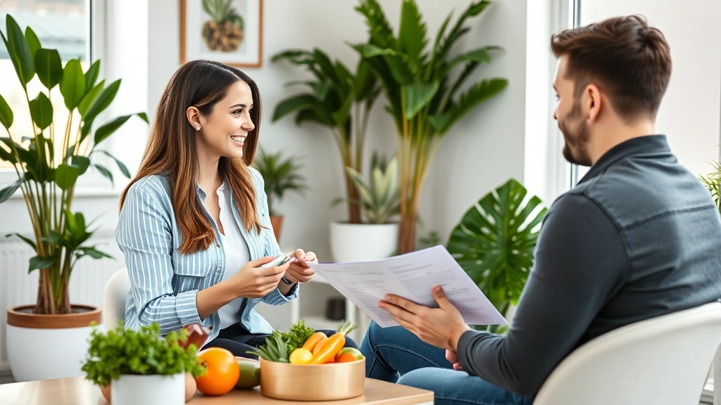 Female nutritionist dietitian consulting with male client in wellness office, reviewing healthy food choices and nutrition plan, bright welcoming space with plants, professional yet warm atmosphere