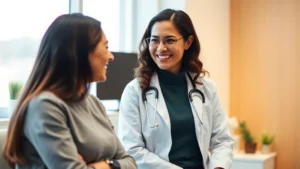 Professional female doctor in white coat consulting with patient in modern medical office, warm lighting, both smiling, stethoscope visible, comfortable clinical setting