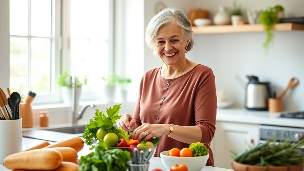 Mature woman in bright kitchen preparing colorful salad with fresh vegetables, natural window light, warm and inviting home wellness setting, smiling and engaged