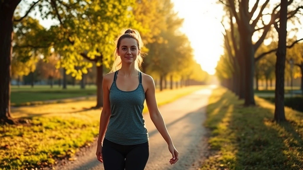 Woman walking outdoors on tree-lined path during golden hour, athletic casual wear, peaceful expression, natural landscape with soft sunlight filtering through leaves