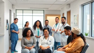 Modern diverse healthcare professionals in clinical setting with patients of different ages and backgrounds receiving compassionate medical care in bright, welcoming medical office