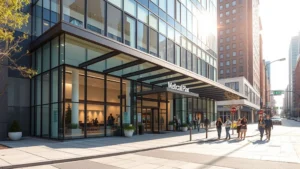 Modern downtown health plaza exterior with glass architecture, welcoming entrance, urban streetscape, bright morning light, people walking toward building, contemporary medical facility, vibrant city neighborhood