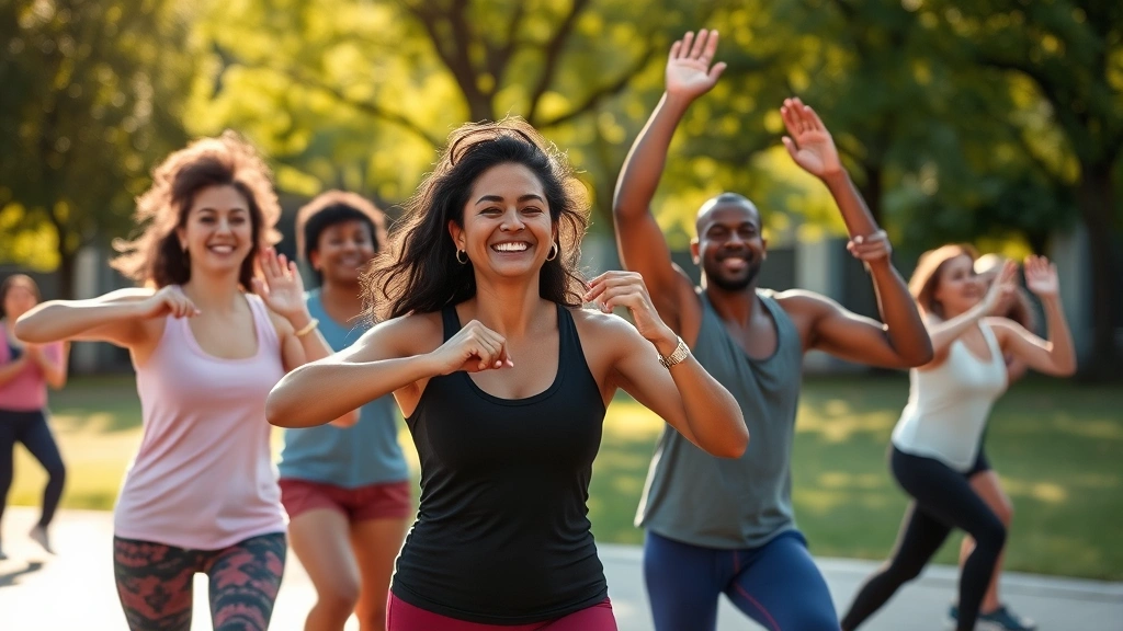 diverse community members participating in outdoor fitness class in urban park, smiling and exercising together in morning sunlight, green trees background