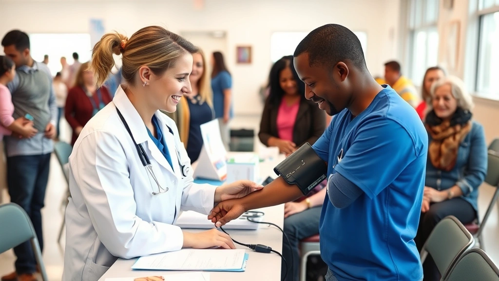 healthcare provider conducting blood pressure screening at community health fair, caring professional interaction, diverse participants waiting, bright welcoming clinic environment
