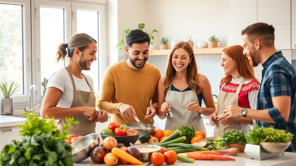 family cooking together in modern kitchen with fresh vegetables and healthy ingredients, natural lighting through windows, joyful meal preparation moment