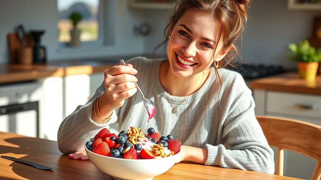 Woman eating a colorful breakfast bowl with fresh berries, nuts, and yogurt at a sunny kitchen table, looking energized and healthy, morning natural light