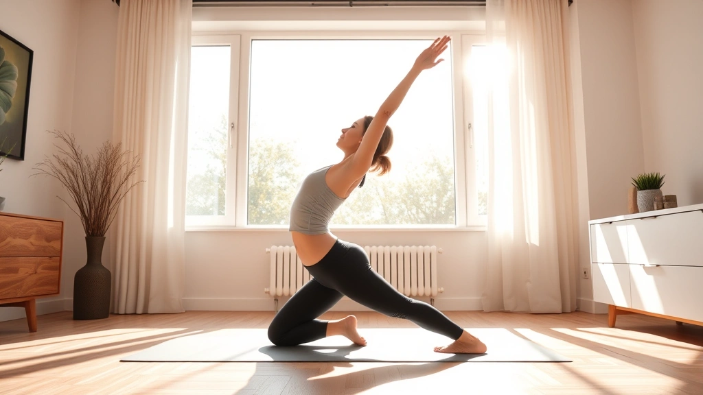Person doing yoga downward dog pose in a bright, minimalist bedroom with morning sunlight streaming through windows, peaceful expression, modern aesthetic