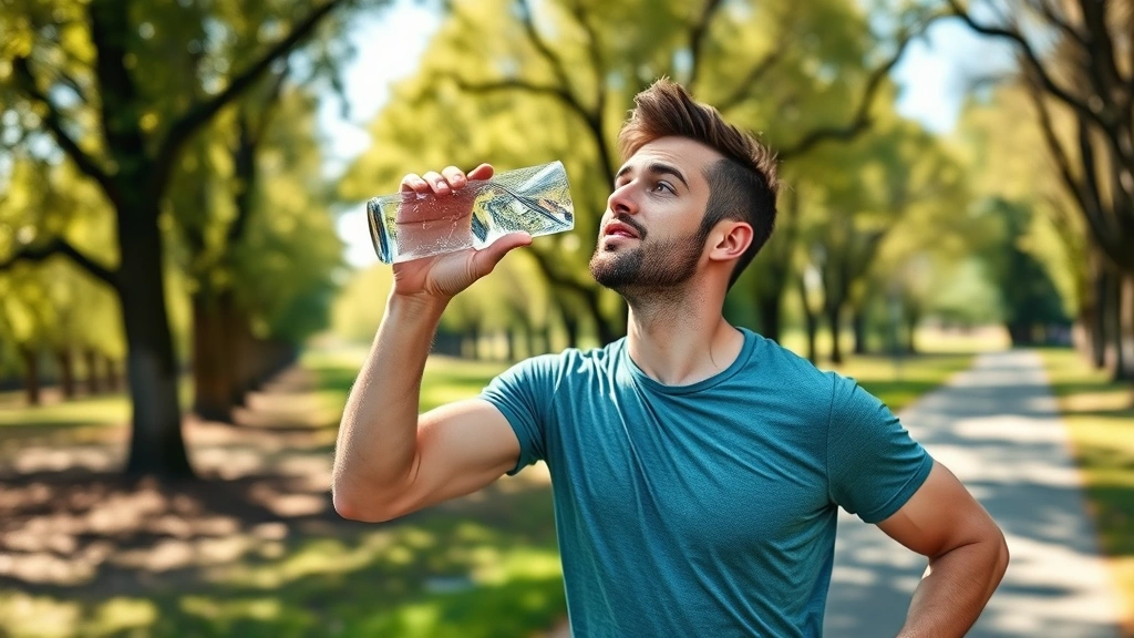 Man drinking water from a glass while jogging outdoors on a tree-lined path, athletic wear, energetic expression, natural daylight, healthy lifestyle