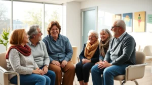 Multi-generational family laughing together in bright, modern medical clinic waiting room with warm lighting, diverse ethnicities, comfortable seating, wellness posters on walls, morning sunlight through windows