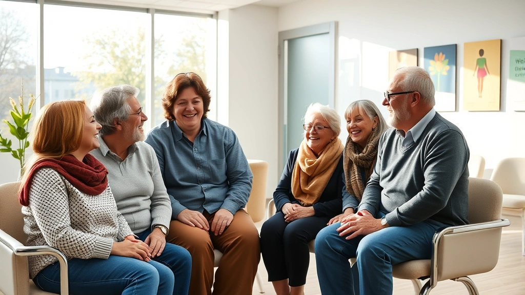 Multi-generational family laughing together in bright, modern medical clinic waiting room with warm lighting, diverse ethnicities, comfortable seating, wellness posters on walls, morning sunlight through windows