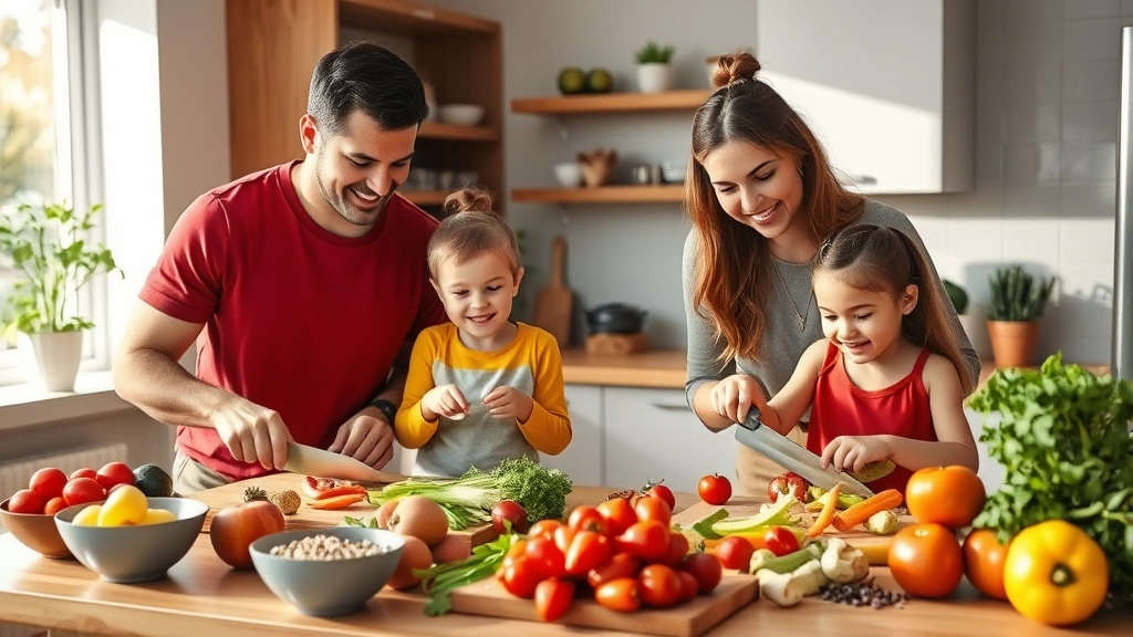 Young family meal prep scene in contemporary kitchen: parents and children chopping colorful fresh vegetables, whole grains, fruits on wooden cutting boards, natural daylight, happy expressions, healthy ingredients visible