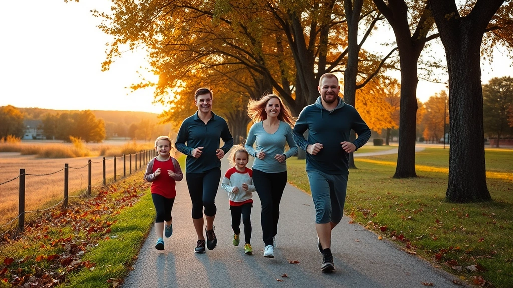 Active family outdoors in rural Arkansas landscape: parents and children jogging on tree-lined path, autumn leaves, genuine smiles, athletic wear, natural scenery, golden hour lighting, community park setting