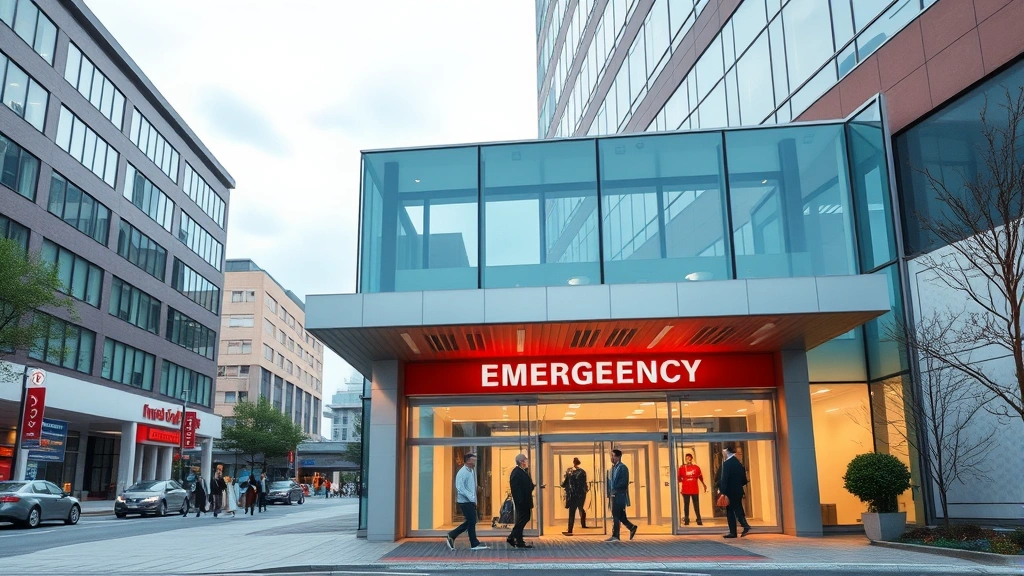 Modern emergency room entrance with glass doors and contemporary architecture, busy hospital campus with multiple buildings, daytime professional healthcare setting with people entering, realistic urban medical center exterior