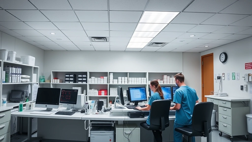 Emergency room triage desk with computer workstations, nurses in scrubs checking vital signs, organized medical supplies on shelves, bright fluorescent lighting, professional hospital interior design with clean white walls
