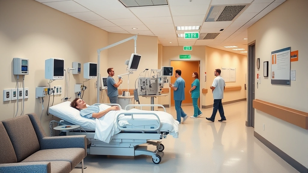 Patient recovery area with comfortable seating, medical monitoring equipment visible, healthcare professionals attending to patients, modern hospital corridor with signage, professional clinical environment with warm lighting