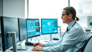 Healthcare professional at hospital workstation securely logging into digital portal on computer screen, clinical environment with medical monitors visible, professional attire, focused expression, natural lighting from office window, modern healthcare facility background