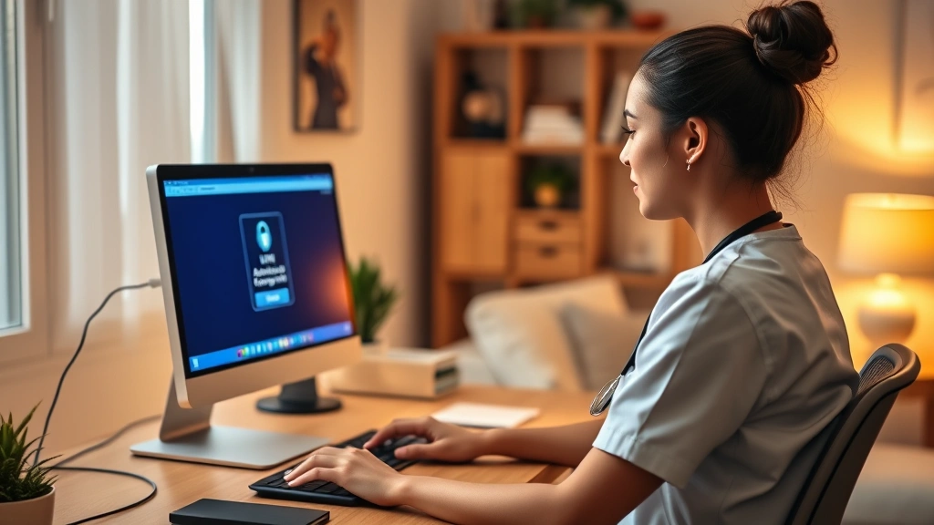 ECU Health employee at desktop in home office environment using VPN for remote access, laptop screen showing authentication interface, comfortable professional setup, warm lighting, secure connection indicator visible on monitor, healthcare worker in scrubs