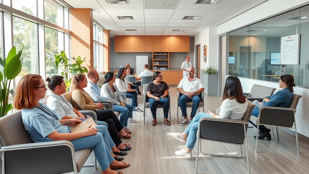 Modern medical clinic waiting room with diverse patients, comfortable seating, natural lighting, welcoming atmosphere, contemporary healthcare facility design, professional and calming environment