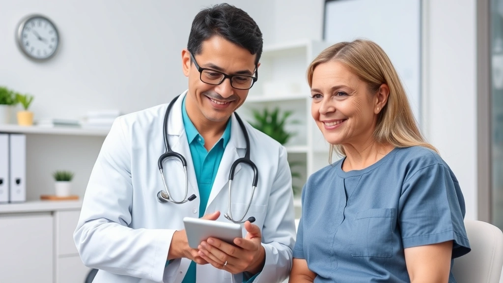 Healthcare provider conducting preventive screening with patient, using digital health technology, stethoscope visible, professional medical office setting, caring interaction, clinical excellence demonstrated