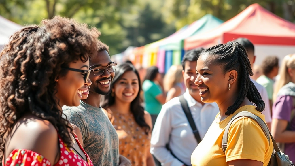 Diverse community members of various ages gathered outdoors in bright sunlight, smiling and engaged together during a community health fair or wellness event, colorful booths in background, vibrant inclusive atmosphere
